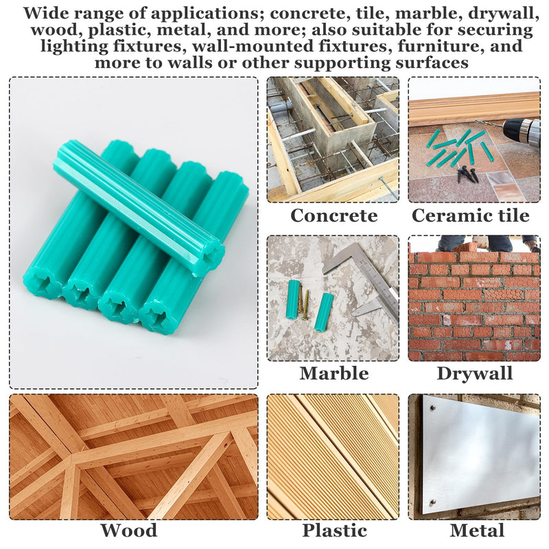 [Australia - AusPower] - 200 Pcs Expanding Plastic Screw Anchors 1/4" Hole Green Plastic Anchors for Concrete Tile Cement Bolt Expansion Tube for #10,11,12 Screws, Fix to Wall Drywall or Other Surface(1-1/2") 1-1/2" 