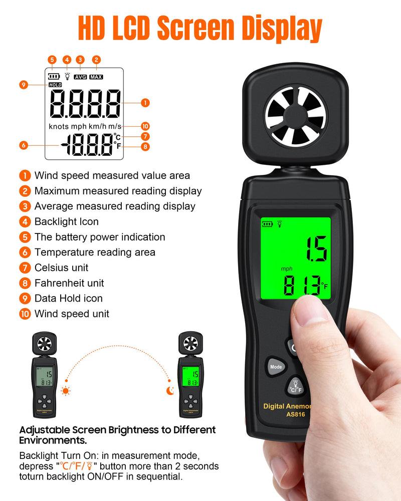 FOOAO Anemometer, Wind Meter Handheld, CMF Meter to Measure Wind Speed and Temperature to Assist in Drone Flights, Outdoor Activities, Shooting Sports and HVAC Systems