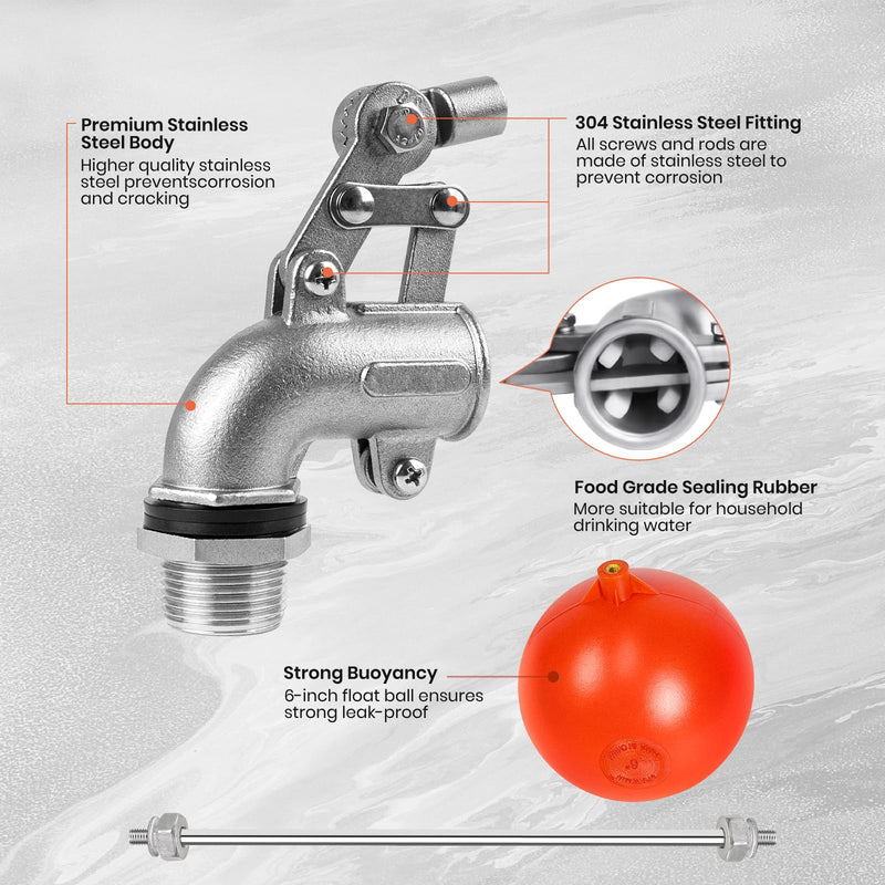 3/4 Inch Stainless Steel Float Valve for Water Tank, Heavy-Duty Design with Adjustable Angle Rod for Water Level Control, Includes 6 Inch Float Ball – Ideal for Water Troughs 3/4inch