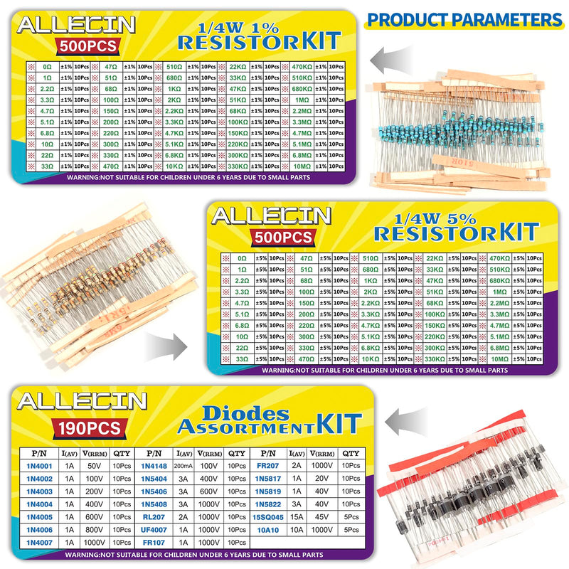 1910Pcs Electronic Component Kit Resistor Electrolytic Capacitor Schottky Diodes LED Diode Transistor Electronics Components Assortment for DIY Project