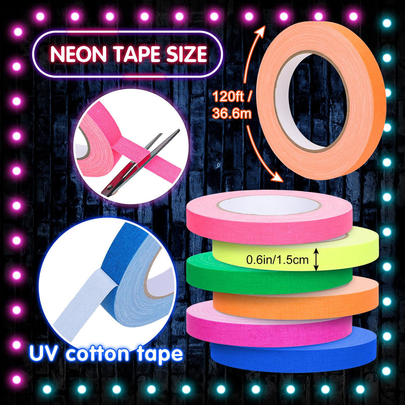 Whaline 6 Colors Neon Gaffer Cloth Tape Fluorescent Rainbow Color UV Blacklight Tapes Neon Duct Reflective Tapes for Party Supplies (0.6 Inch x 120 Ft) 0.6 inch x 120 feet