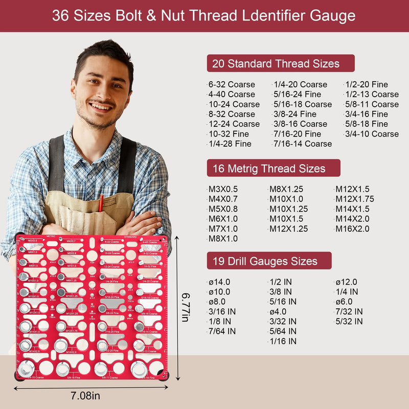 [Australia - AusPower] - Thread Checker, 55 Bolt Size and Thread Gauge, Bolt Thread Identifier 20 Standard & 16 Metric, Bolt Identifier Board, Nut and Bolt Thread Checker Gauge Wall-Mountable with 19 Drill Bit Gauge Red 55 Thread Checker 