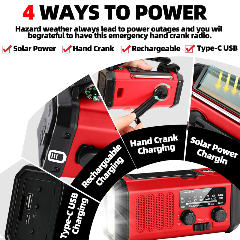 [Australia - AusPower] - Emergency Weather Radio, 10000mAh /37000mWh Crank Radio, Portable NOAA/AM/FM Weather Radio, Reading Light, Solar Radio, SOS Emergency Flashlight, Multiple Power Sources,for Hurricanes and Emergencies Red 