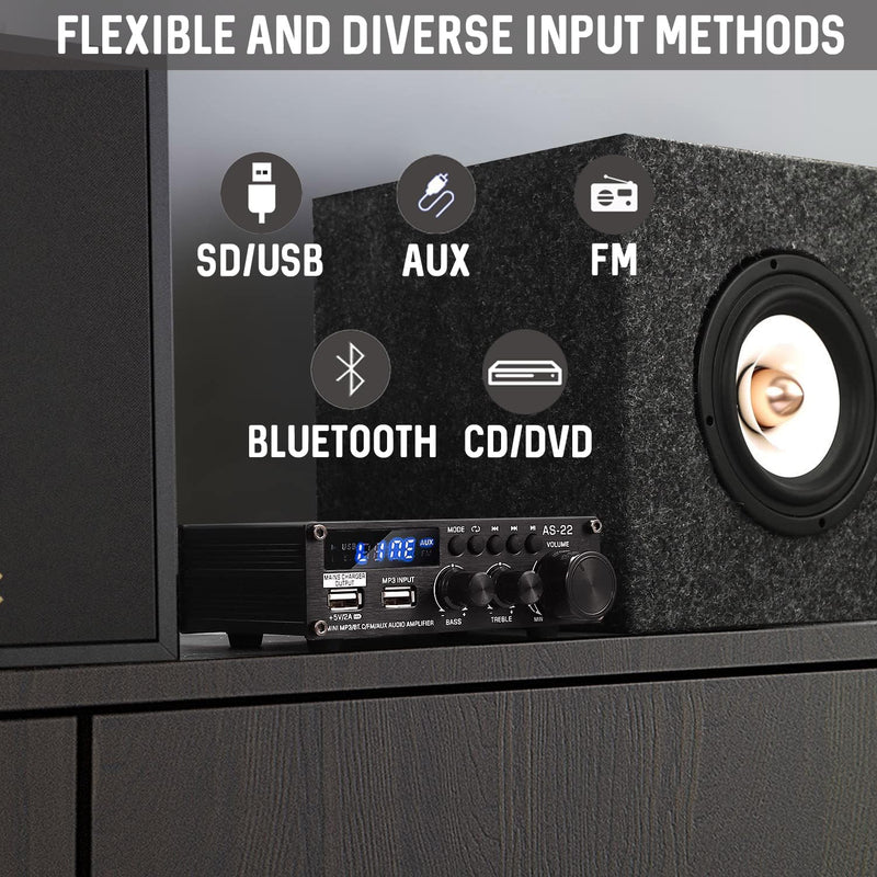 [Australia - AusPower] - Sunbuck Mini Amplifier, Stereo Receivers for Home Stereo System, 2 Channel Stereo Amplifier with RCA/USB/FM, Bluetooth Receiver Amplifier, Home Theater 300Wx2, Mini Amplifier for Speakers, AS-22BU Mini Size-300W 