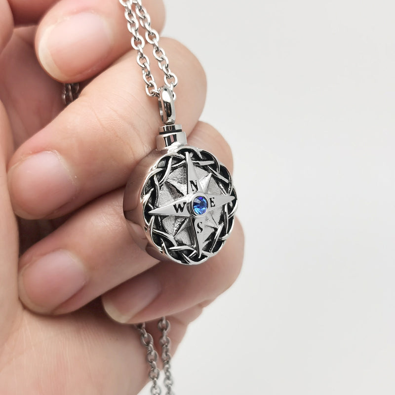 Nautical Compass Cremation Urn Necklace for Ashes Navy Anchor Crystal Memorial Remembrance Pendant Jewelry with Funnel Blue1
