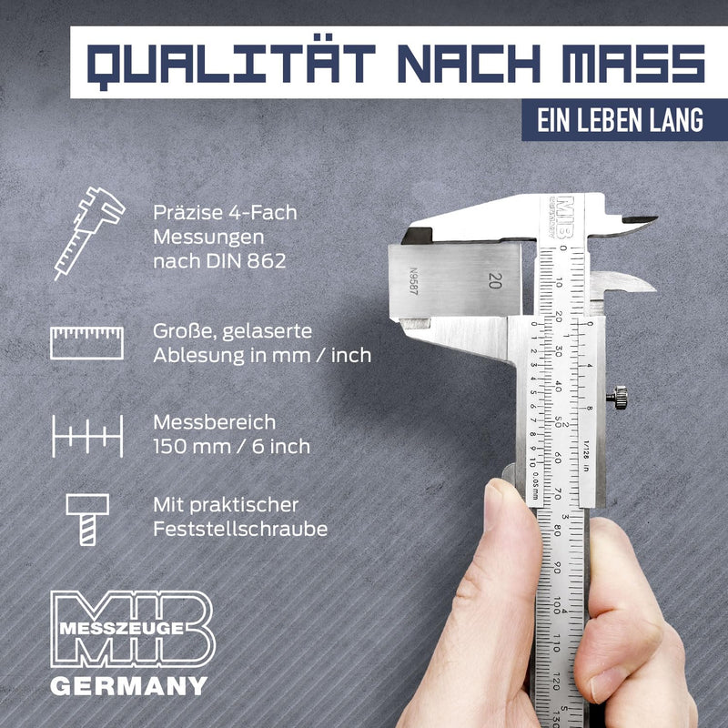 MIB Vernier Caliper Analogue 150 mm | Calliper Analogue | Vernier Caliper | DIN 862 | Thrust gauge made of stainless steel with locking screw | Matt chrome-plated | Caliper for precise 4-way DIN 862 150mm
