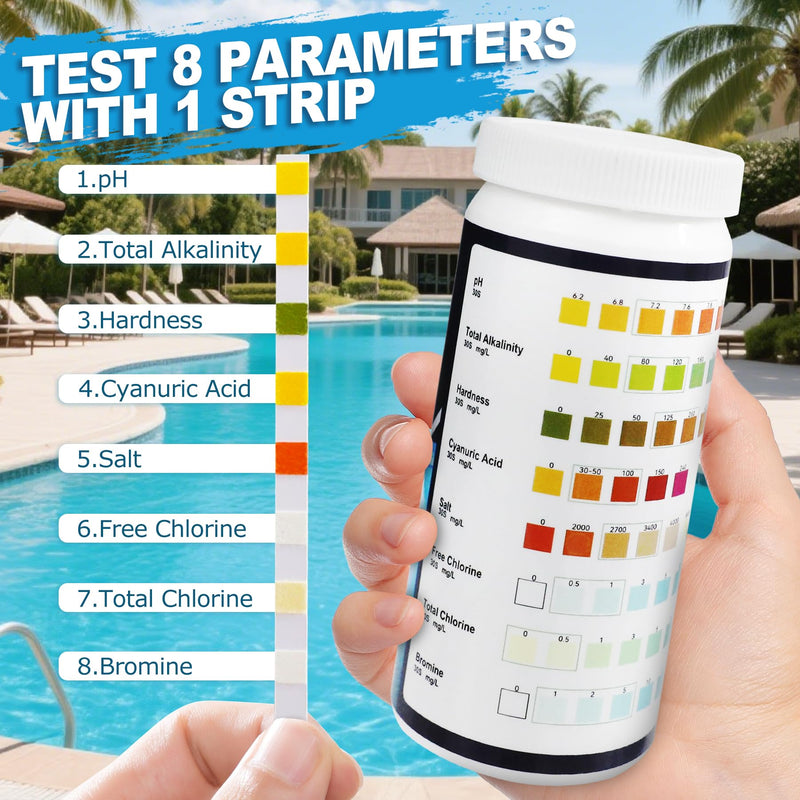 [Australia - AusPower] - Pooloob 8-in-1 Pool and Spa Test Strips, 150 Count Water Testing Kit for Saltwater & Chlorine Pools - Tests pH, Salt, Free Chlorine, Bromine, Alkalinity, Hardness, Cyanuric Acid & Total Chlorine 