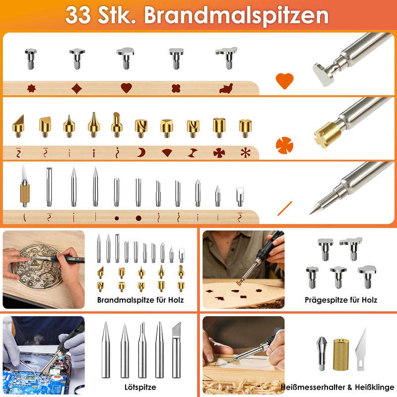 Pyrography Torch & Pyrography Soldering Iron Set 71-in-1, 80W LED Temperature Adjustable 180-500°C with Switch, Wood Burner for Engraving for Wood, Leather, DIY Art & Gifts - for Professionals & Hobby