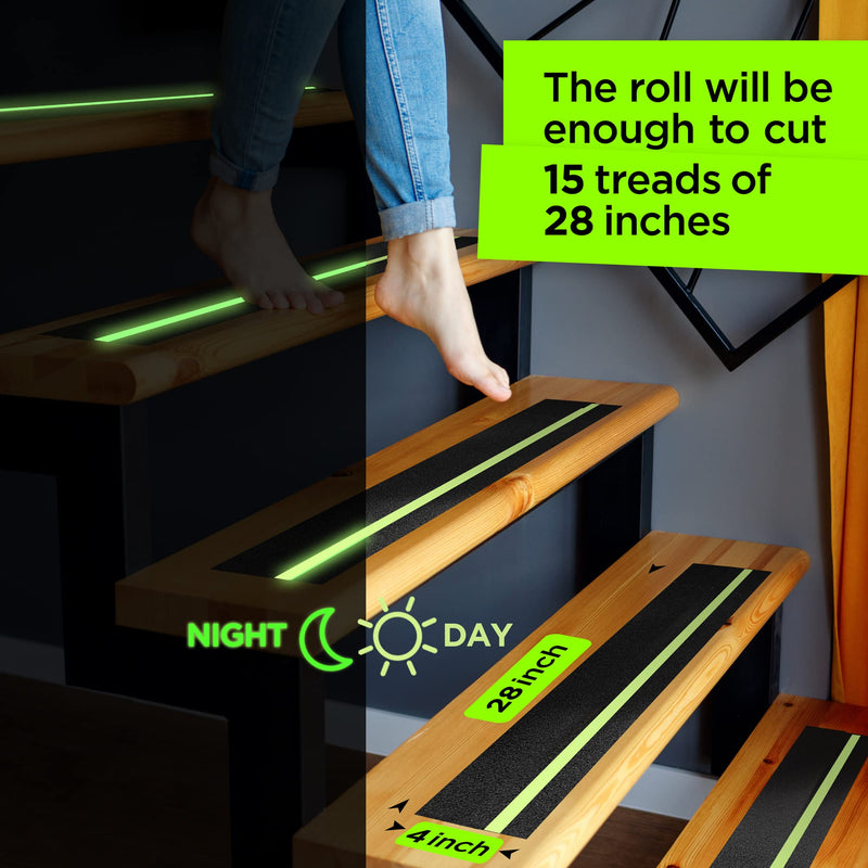Grip Tape - Heavy Duty Anti Slip Tape for Stairs Outdoor/Indoor Black with Glow in The Dark Strips & Carpet Tape Double Sided - Rug Tape Grippers for Hardwood Floors and Area Rugs