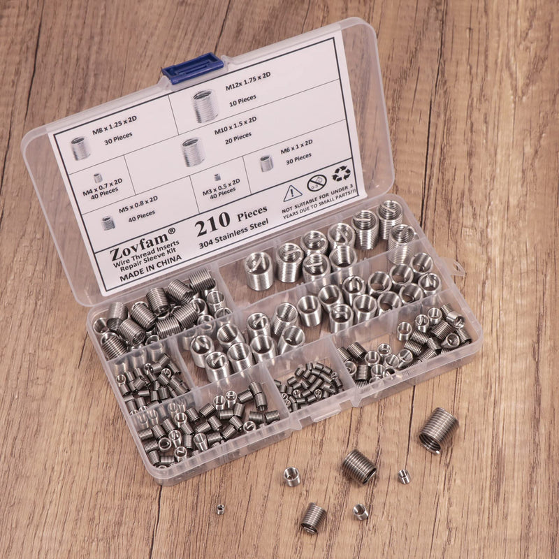 [Australia - AusPower] - Wire Screw Sleeve Thread Repair Inserts Assortment Kit 304 Stainless Steel Metric M3 M4 M5 M6 M8 M10 M12 Wire Thread Inserts Helicoil Thread Repair Kit 210Pcs 