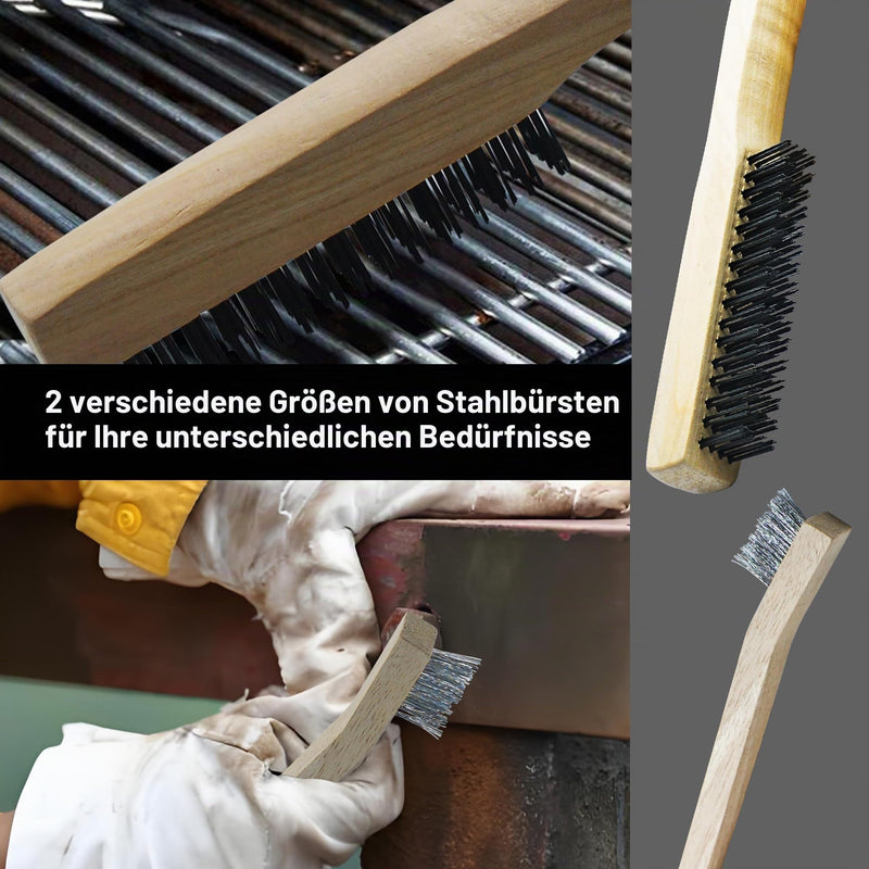 5-Piece Hand Wire Brush Set, Wire Brushes with Wooden Handle, 3 x Large Steel Brush 250 mm, 2 x Small Stainless Steel Brush 205 mm, Metal Brush Hand Wire Brush Set for Metal, Wood, Grill