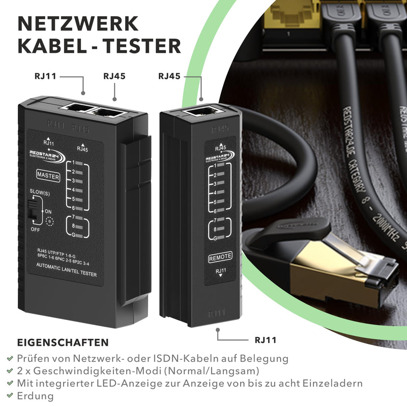 RedStar24 Network Tester - LAN Cable Tester RJ11, RJ12, RJ45 for Patch Cable | Test LEDs for testing and checking LAN and network cables CAT6 CAT7 CAT8 - ideal for patch cable and line tests 1 pc.