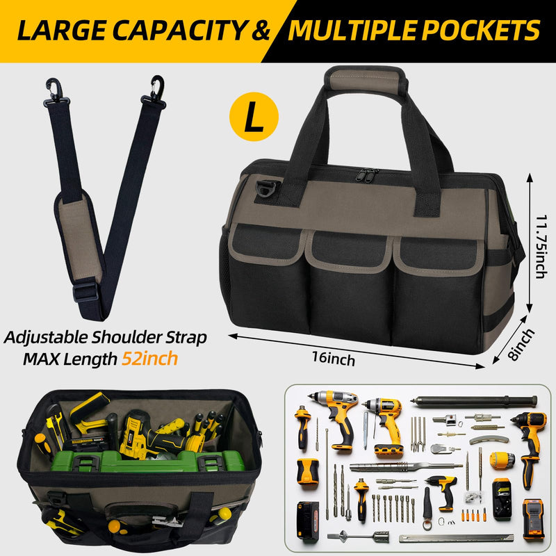 NECKORY Tool Bag, Portable Tool Box Organizer Adjustable Shoulder Strap, Carry Tool Tote Heavy Duty Tool Storage Bag With Wide Mouth,Tool Bags for Men Mechanic EngineerGift - L, Coffee & Black