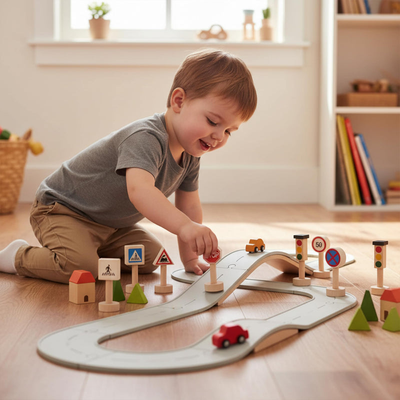 PlanToys® Traffic Signs & Lights Wooden Montessori Imaginative Play Set | Early Language, Social Skills and Real-World Awareness Activity | Eco Friendly Road Sign Learning Set for Meaningful Play