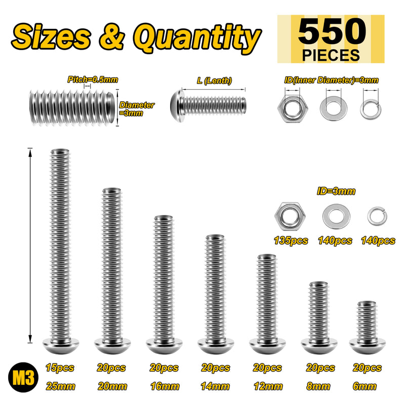 [Australia - AusPower] - 550Pcs M3 Screw Assortment Kit 304 Stainless Steel Hex Socket Button Head Socket Cap Metric Screws Bolts, Flat & Spring Lock Washers/Nuts/Hex Wrenche M3*6/8/12/14/16/20/25mm Silver 550 Pcs Hex Button Head - M3 
