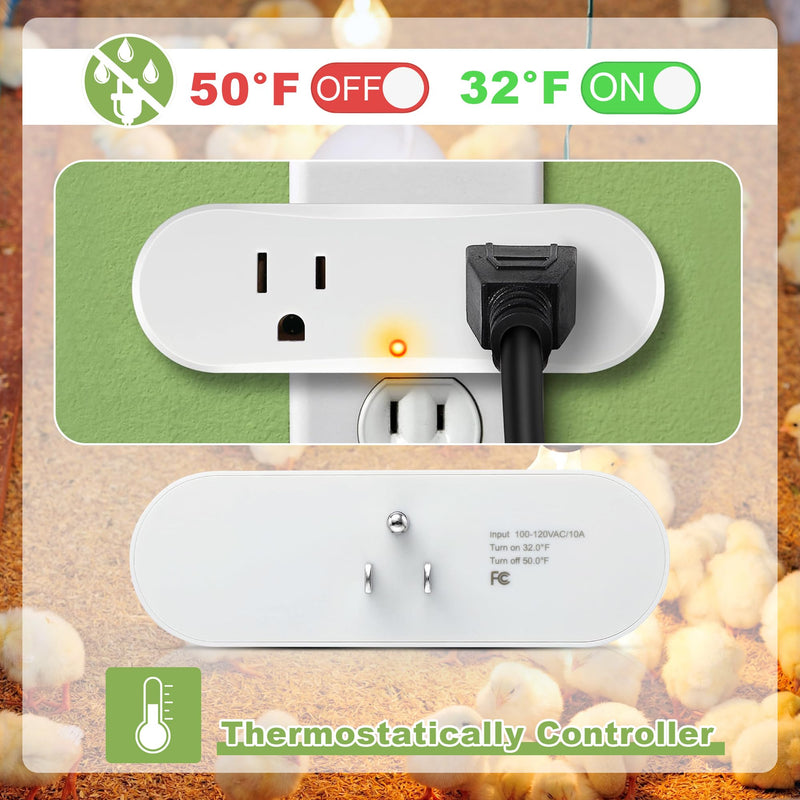 Feekoon 2 Pcs Thermostatically Controlled Outlet, Plug-in Thermal Cube, Auto On Below 32°F & Off Above 50°F, Temperature Controller for Coop Heater, Bird Bath Deicer, Heating Cable & Pipe