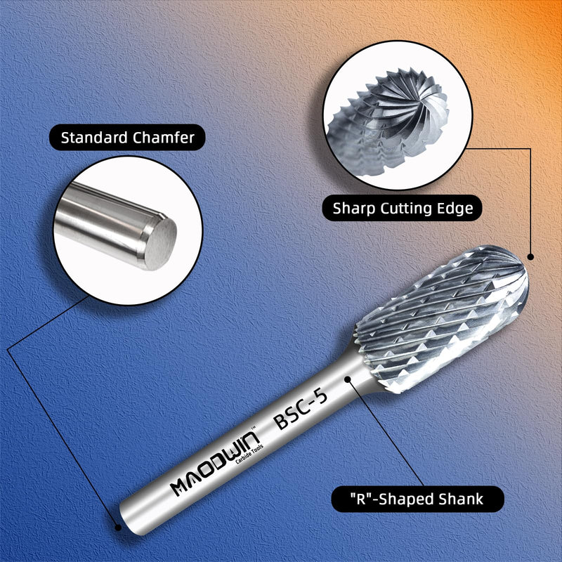 SC-5 Cylindrical with Radius End Double Cut Tungsten Carbide Rotary Files 1/4'' Shank 1/2" Cutting Diameter 1" Cutting Length Deburring Cutters for Wood Grinding & Deep Groove Machining SC-5