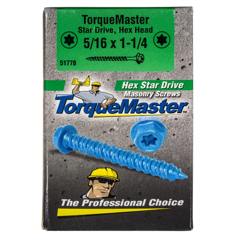 TorqueMaster Star Drive Hex Washer Head Masonry Screws, 50 Pieces with Driver Bit & Masonry Drill Bit - 5/16" x 2-1/4" Concrete Masonry Screws, Rust Resistant High Strength