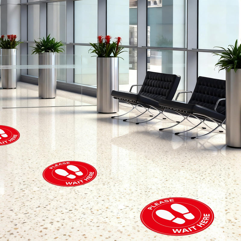 20 Pack Please Wait Here Sign 10 Inch Self Adhesive Waterproof Vinyl Wait Here Floor Stickers for Office Warehouse Classroom Clinic Indoor Outdoor