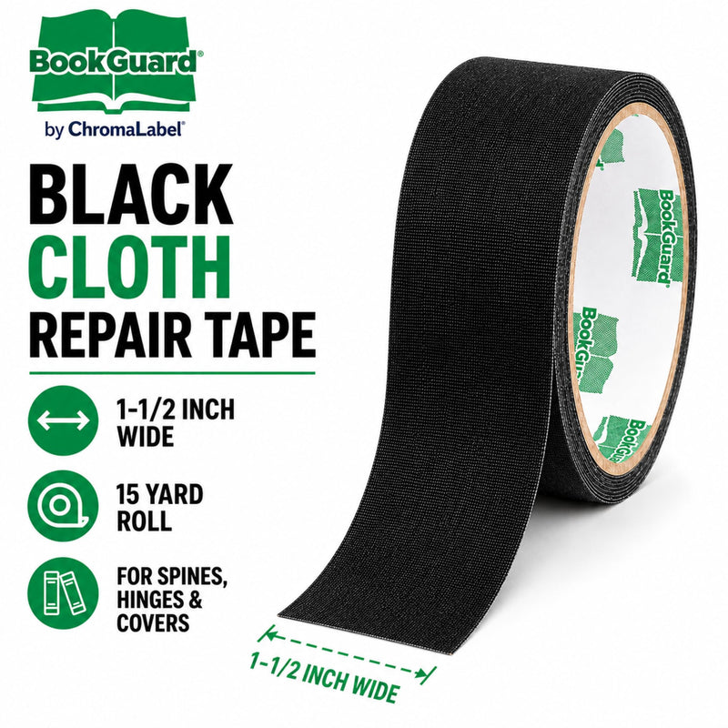 BookGuard Black Bookbinding Tape, 1-1/2 Inch x 15 Yards, 13 Mil Vinyl-Coated Cotton Cloth Book Repair Tape for Book Spine Repair, Library Books, School Books, Hymnals and Bibles 1.5" Wide