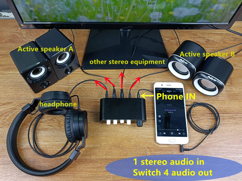 [Australia - AusPower] - 4-Way 3.5mm Stereo Audio Switch Input Signal Source Switcher Selector Splitter Box with line Volume Controller (4 in 1 Out / 1 in 4 Out) -MC41 4-port 3.5mm Switch with volume 