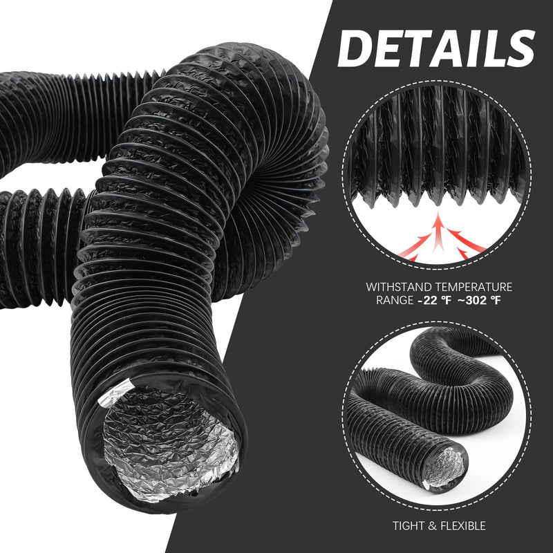 Zonon Dryer Vent Hose 3 Inch x 16 Feet Flexible Aluminum Foil Ducting Non Insulated with Stainless Steel Clamps and Aluminum Tape for Pipe, HVAC Heating Cooling Ventilation and Exhaust(Black) Black