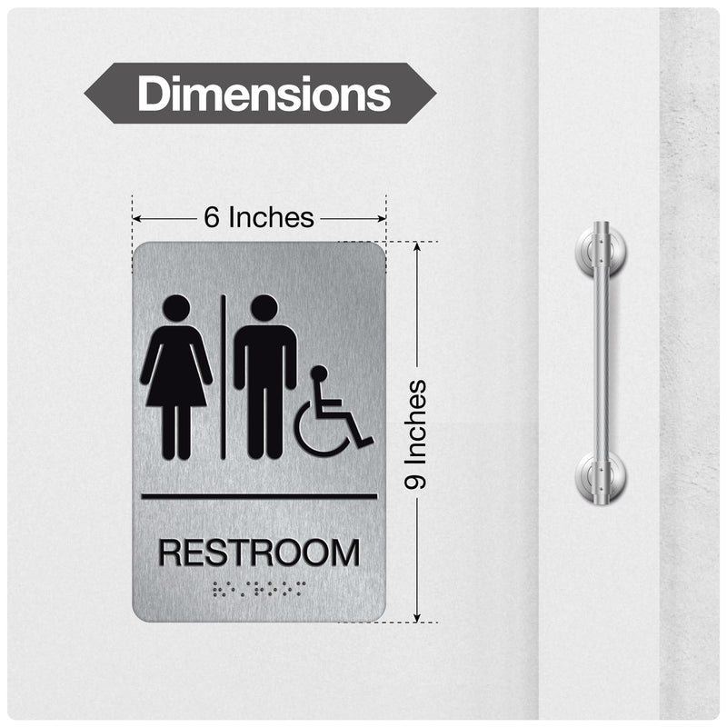 ADA Braille Unisex Handicap Restroom Signs for Business with Double Sided 3M Tape (Pack of 4) - Aluminum Handicap Unisex Bathroom Sign 9” x 6” for Offices and Restaurants Unisex Handicap Aluminum Pack of 4