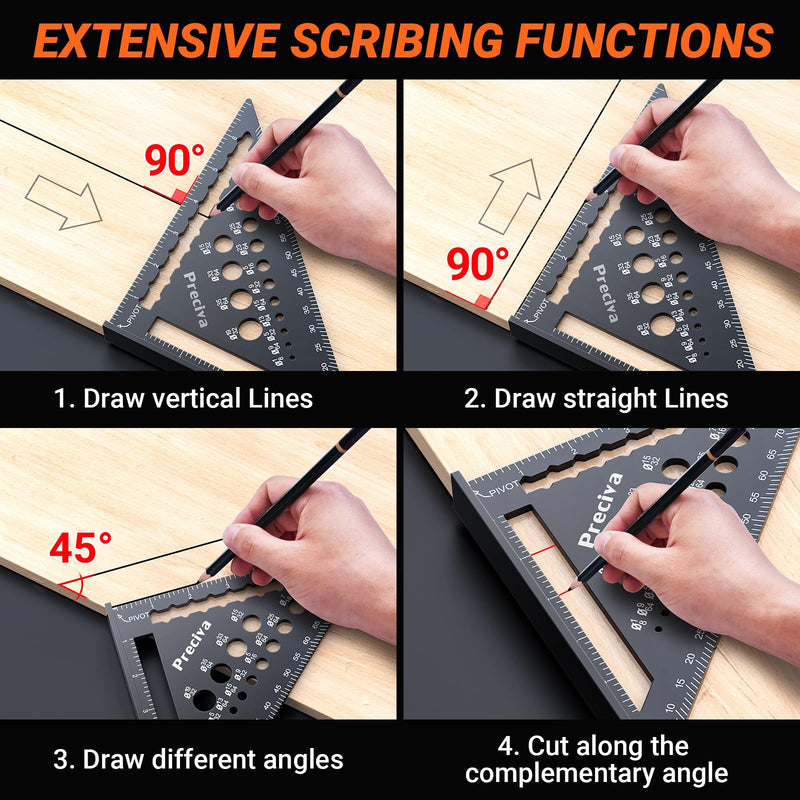 Preciva Carpenter Square Set, 7" Rafter & 12" Right Angle Ruler | Durable aluminum alloy, easy-read scale, use for marking angles, drawing lines, layout work, for carpenters, framers, DIYers