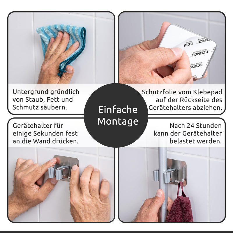 ECENCE Broom Holder Wall Self-Adhesive Pack of 4 Device Holder | Broom Holder Silver Stainless Steel No Drilling Mop Holder for Kitchen, Bathroom, Balcony & Garden