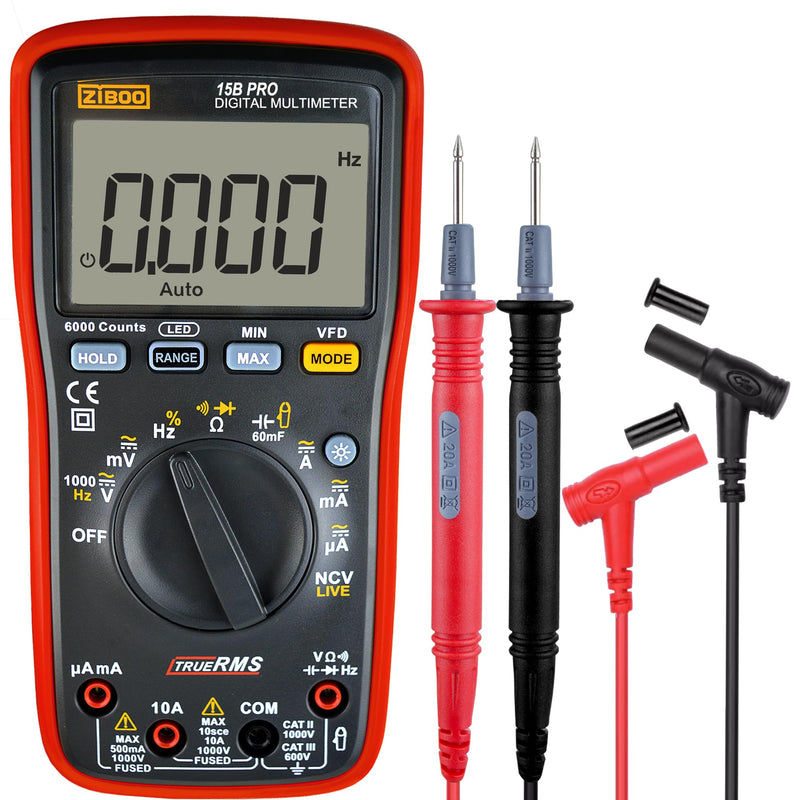[Australia - AusPower] - ZIBOO 15B PRO True RMS Digital Multimeter,for Electrical Applications, Measures AC/DC Voltage and Current Measurements up to 1000V and 10A,Compatible with FLUKE(Optional AC Pliers) 