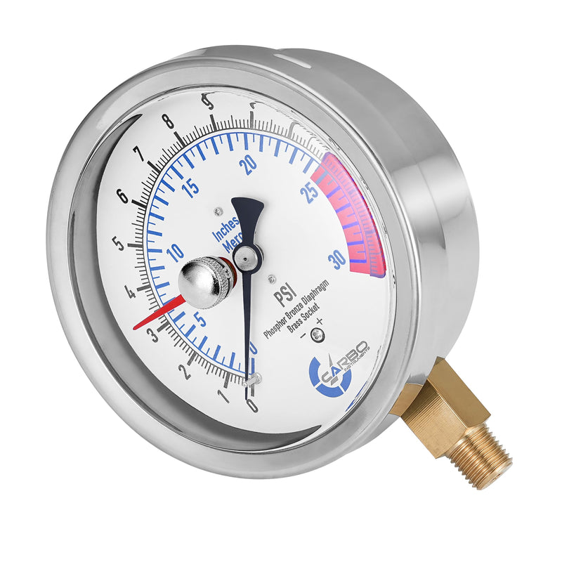 [Australia - AusPower] - 4" Gas Test Pressure Gauge 15 Pound, 15 PSI / 30 InHg, 3/4” FNPT Con, Stainless Steel Case, Accuracy 1%, Red Pointer Pressure Memory, Chrome Plated Steel Body Assembly 