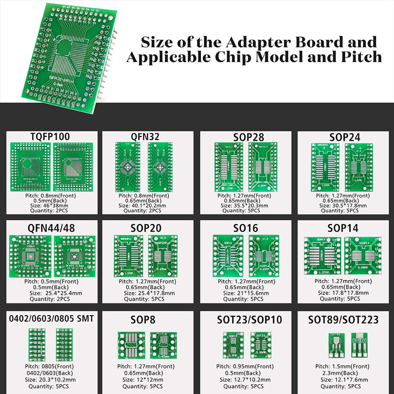 [Australia - AusPower] - KeeYees 12 Types SMD to DIP Adapter PCB Proto Board Kit SOP8 SOP10 SOP14 SOP16 SOP20 SOP24 SOP28 0402/0603/0805 SMT SOT89/SOT223 TQFP100 QFN32 QFN44/48 with 40pcs 2.54mm Pin Header 
