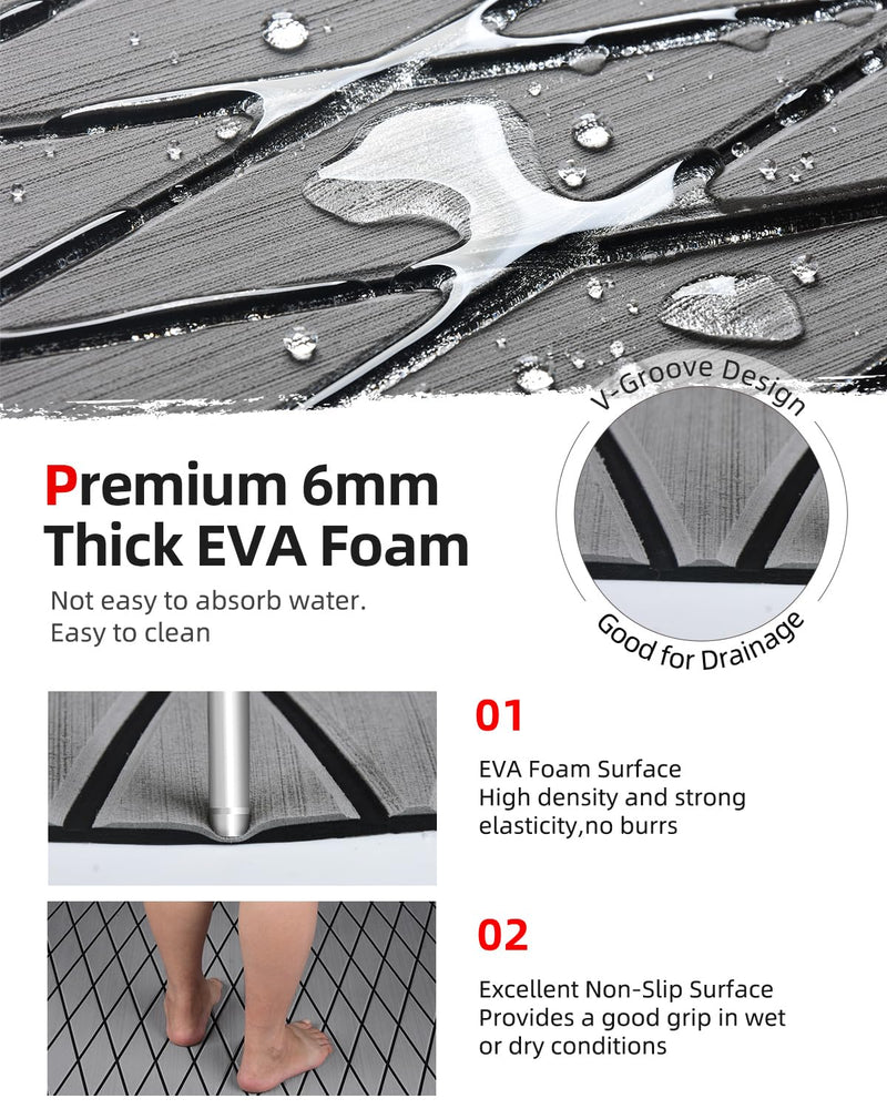 Abahub Diamond Pattern Boat Flooring with Self-Adhesive | Marine Decking Non Slip EVA Foam Sheet Trimmable Carpet for Motorboats RV Kayak Surfboard SUP 96''x16''/47'' Gray with Black Lines 96''L x 16''W
