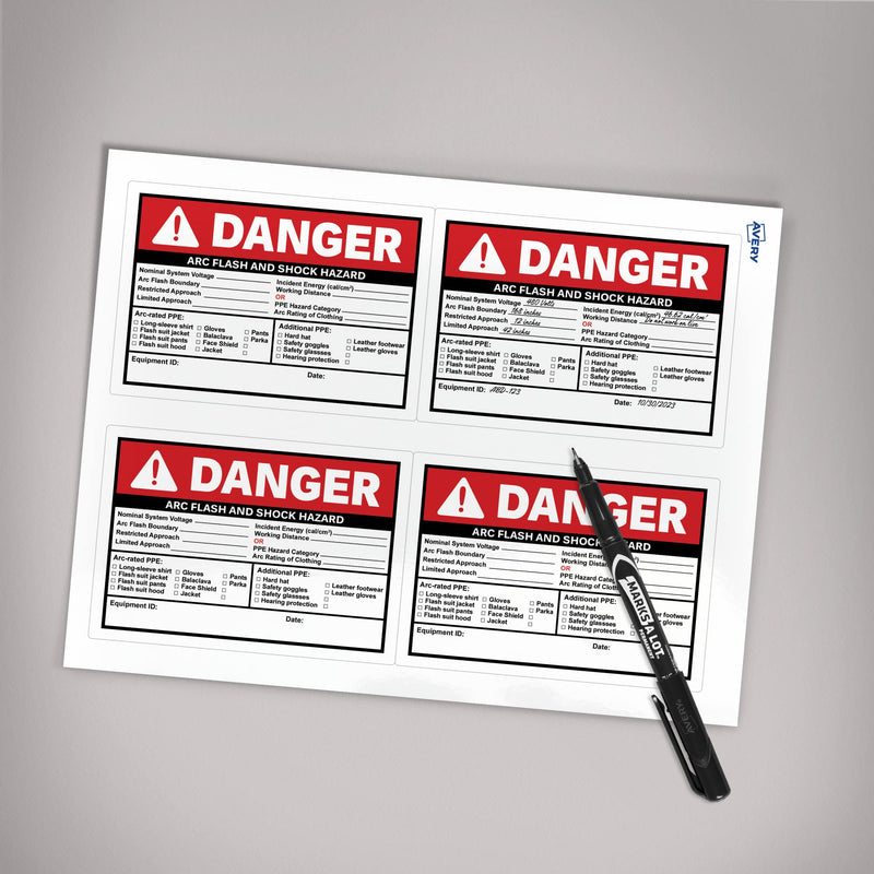 Avery Arc Flash/Shock Danger Labels, Waterproof, UV Resistant, Preprinted, Handwrite-Only, 3.5" x 5", 100 Warning Decal Labels 3.5" x 5" 100 labels