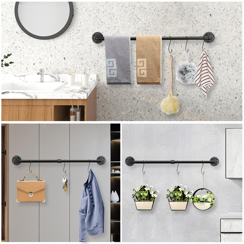NearMoon Industrial Pipe Towel Bar, Heavy Duty Bathroom Hardware Towel Holder Accessory, Wall Mounted DIY Rustic Iron Bathroom Towel Rack Holder (28 Inch, Black) 28 Inch