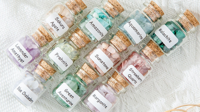 Crystal Chips Gemstone Bottles Set of Different Mini Crystals for Spell Jars, Healing Crystals for Witchcraft in Vintage Box, Chakra Crystals and Healing Stones Set Witch Gifts Witchcraft Supplies