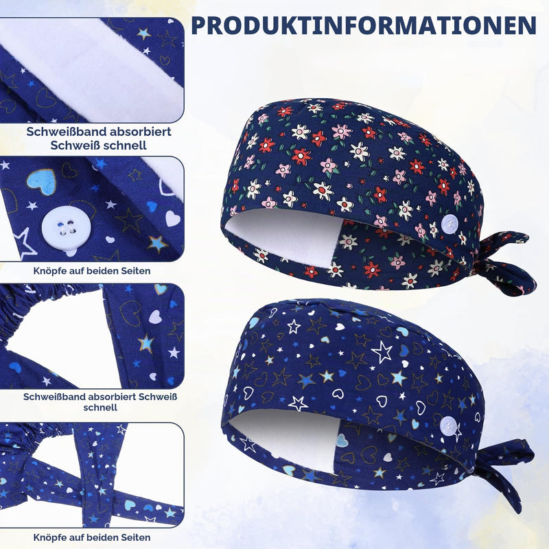 Pack of 2 Women's Surgical Caps, Adjustable Work Caps, Cotton Nurse Cap with Buttons and Sweatband for Men and Women Colorful