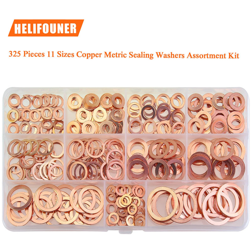 [Australia - AusPower] - 325 Pieces Copper Washers, HELIFOUNER 11 Sizes Copper Metric Sealing Washers, Flat Washers Assortment Kit (M5 M6 M8 M10 M12 M14 M16 M20) 325 Pieces Copper Washers Set 