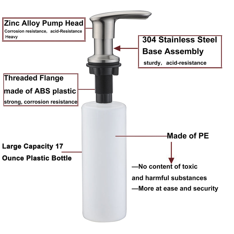 Brushed Nickel Built-in Kitchen Sink Soap Dispenser - 17OZ Stainless Steel Countertop Pump, Durable Zinc Alloy Nozzle for Kitchen Sink Brushed Nickel