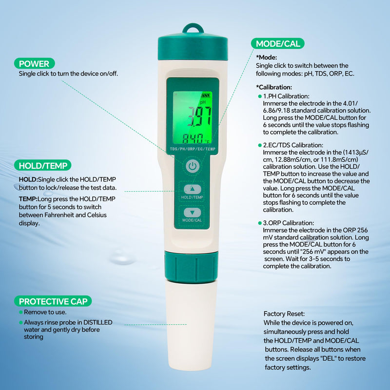 [Australia - AusPower] - 5in1 PH Water Tester, Digital pH Meter for Water, EC and TDS Meter with PH TDS EC ORP Temp Water Quality Tester for Hydroponics Plant Swimming Pool Aquarium Drinking Water Testing Kit PPM EC Tester 5-IN-1 