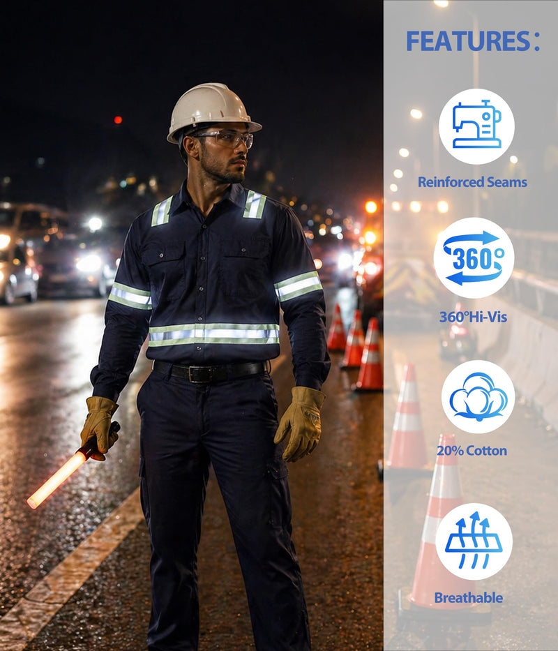 Hi Vis Shirts for Men Button Down Short Sleeve Safety Work Shirts Class 3 High Visibility Reflective Shirt Long_navy 3X-Large
