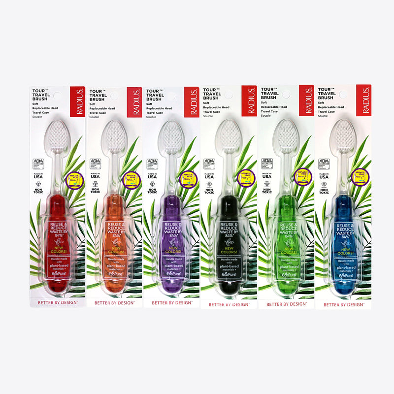 RADIUS Tour Travel Brush & Case with Replaceable Brush Head ADA Accepted Toothbrush Improve Gum Health - Assorted Colors - Pack of 6 1 Count (Pack of 6)