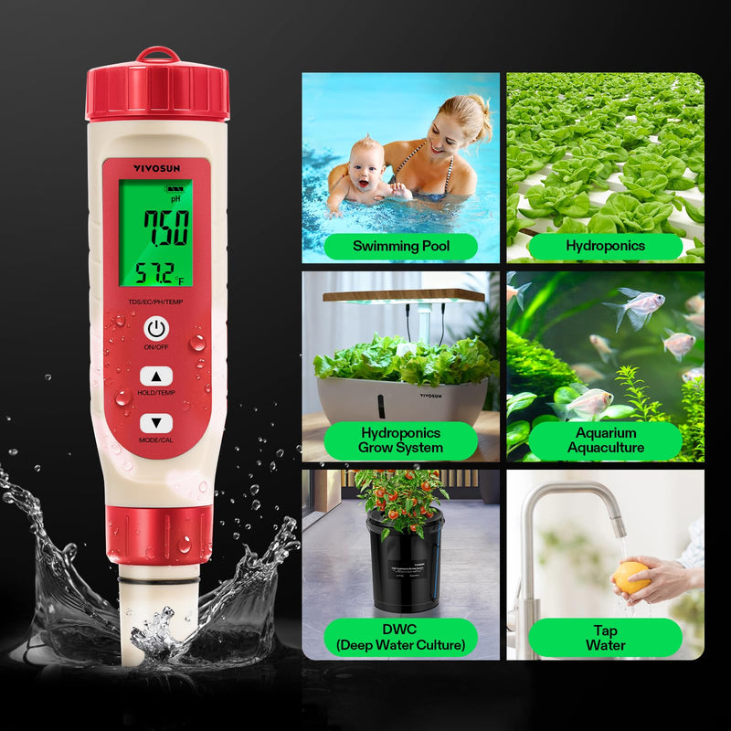 [Australia - AusPower] - VIVOSUN 4-in-1 Digital pH Meter with pH/TDS/EC/Temp Function, 0-14.0 pH Measurement Range, ±0.1 pH Accuracy Water Quality Tester for Hydroponics, Household Drinking, and Aquarium Red 