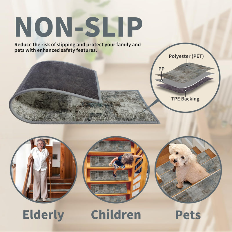 Non-Slip Carpet Stair Treads 4PCS, 8"x30" Peel and Stick Stair Runner for Wooden Steps Indoor, Washable Reusable Adhesive Backing, Pet-Friendly Safety Mats for Kids, Elders, Dogs 8inch x 30inch Slate Blue l Olive Brown 4