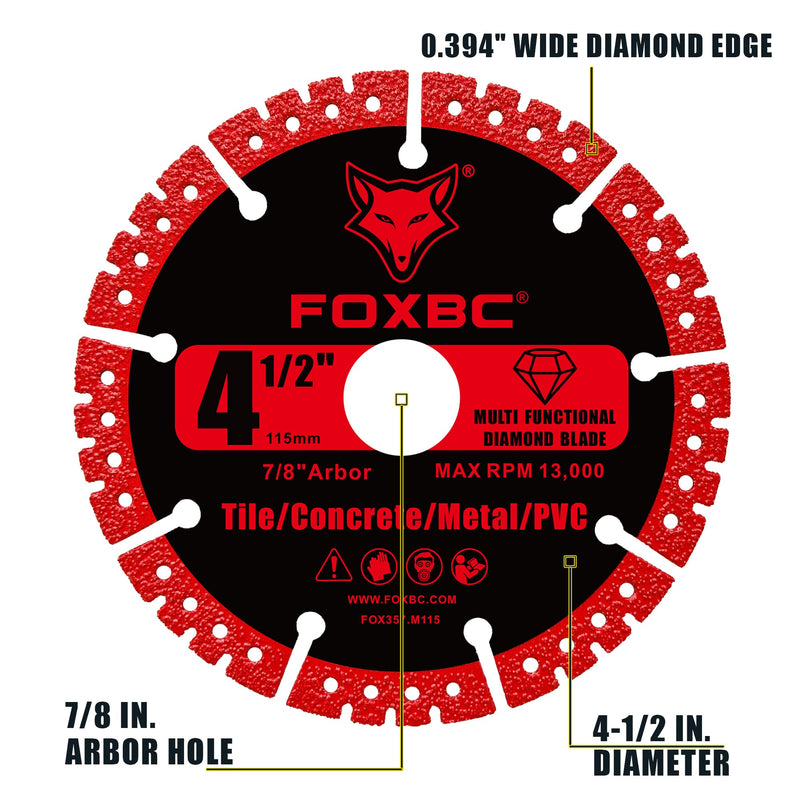 FOXBC 4-1/2 inch Diamond Multi-Purpose Saw Blades for Angle Grinder, Heavy Duty Cut-Off Disc for Metal, Plastic, Porcelain, Ceramic, Marble, Stone - 3 Pack