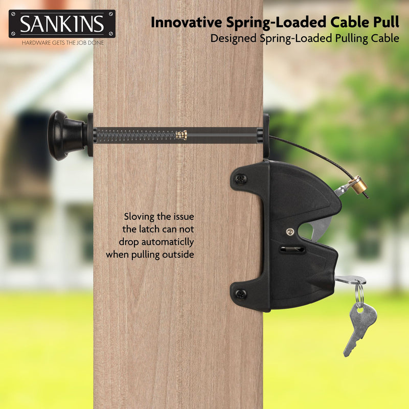 Key Lockable Fence Gate Latch, 2 Sided Gate Lock Latch for Outdoor Fence, Keyed Fence Lock Latch with Spring Loaded Pull Cable, Fence Latch Gate Hardware for Wood, Vinyl, Metal Gates, Black