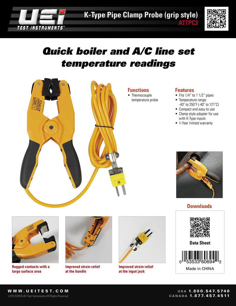 [Australia - AusPower] - UEi Test Instruments ATTPC3 Pipe Clamp K-Type Thermocouple adapter, HVAC Temperature Probe for Clamp Meters, Surface Thermometer for Boiler and AC Line Temperature Readings 