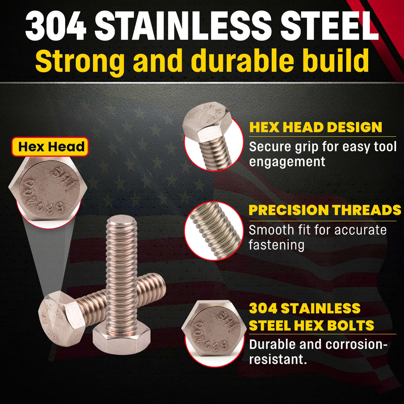 Chenango Supply 1/4-20 x 3/4 Stainless Steel Hex Head Bolts – 304 Stainless, USS Coarse Thread, 100,000–125,000 PSI Tensile Strength, Corrosion-Resistant Hardware Bolts, (100 Pieces, 1/4-20 x .75) 1/4" X 3/4"