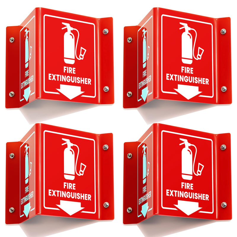Fire Extinguisher Sign with Arrow, 6 Inch 3D Two-Sided Acrylic Projecting V Sign, Fire Extinguisher Signs for Wall Mount, Business Signs with Screws, 4 Pack Red Acrylic - Pack of 4