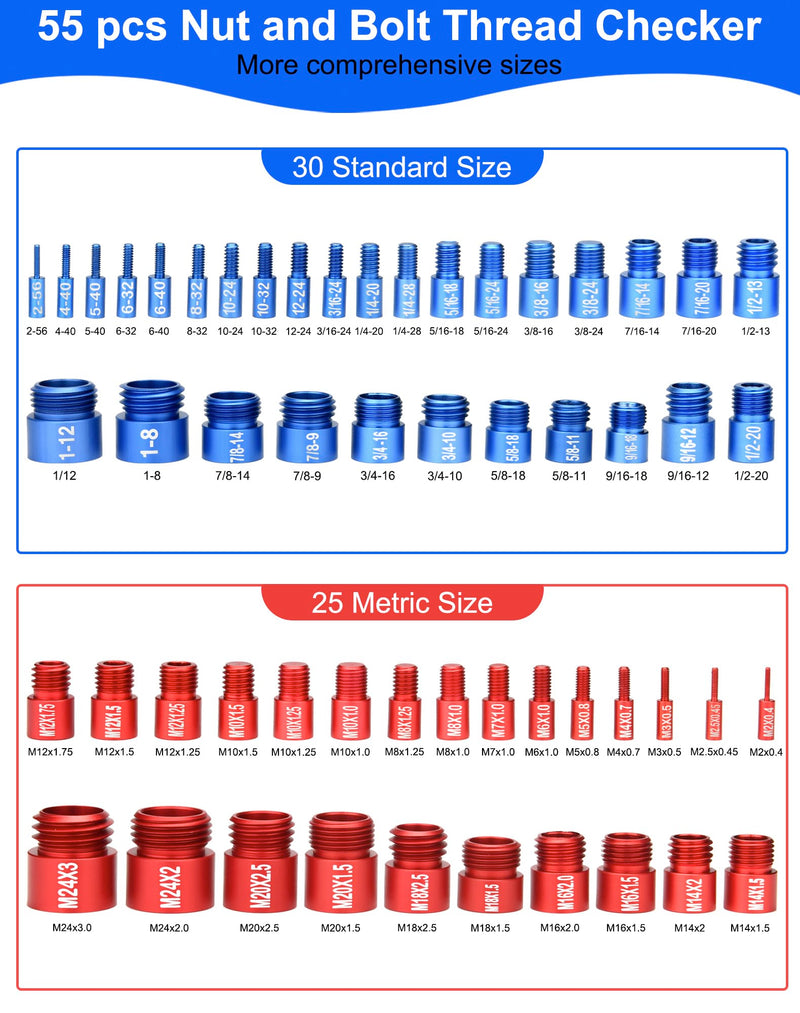 [Australia - AusPower] - 55Pcs Thread Checker, Nut and Bolt Measuring Tool(25 Metric & 30 Standard), Bolt Size and Thread Gauge Finder with Storage Box, Suitable for inspecting in Narrow and Tricky Areas 55 